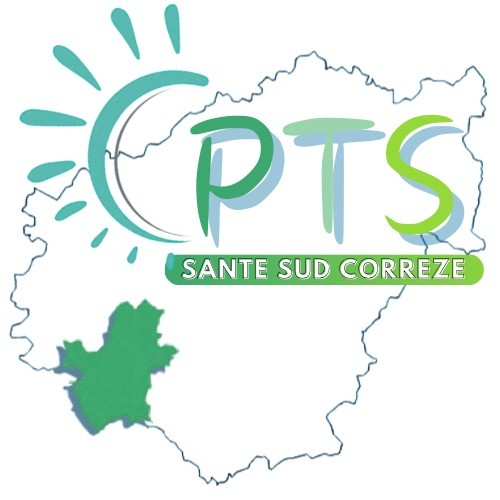 Le texte "CPTS Santé Sud Corrèze" sur la carte du département de la Corrèze où le territoire de la communauté professionnelle de santé est coloré en vert.